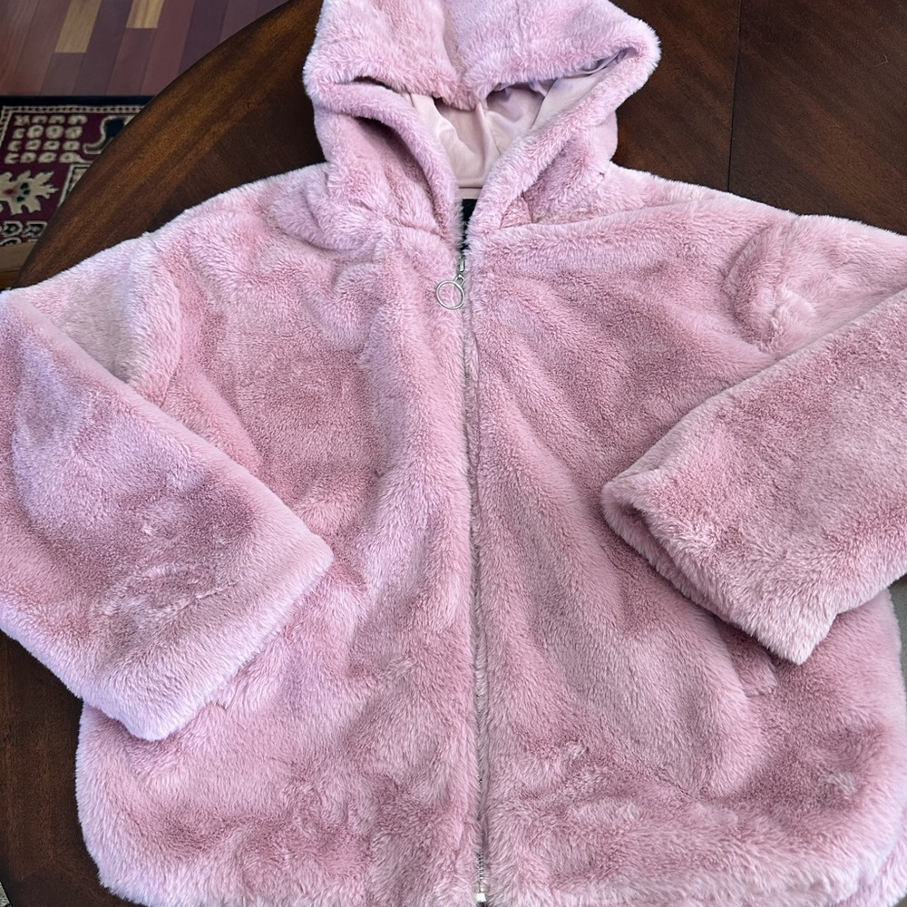 Forever 21 Pink Faux Fur Hooded Full Zip Jacket Coat EC